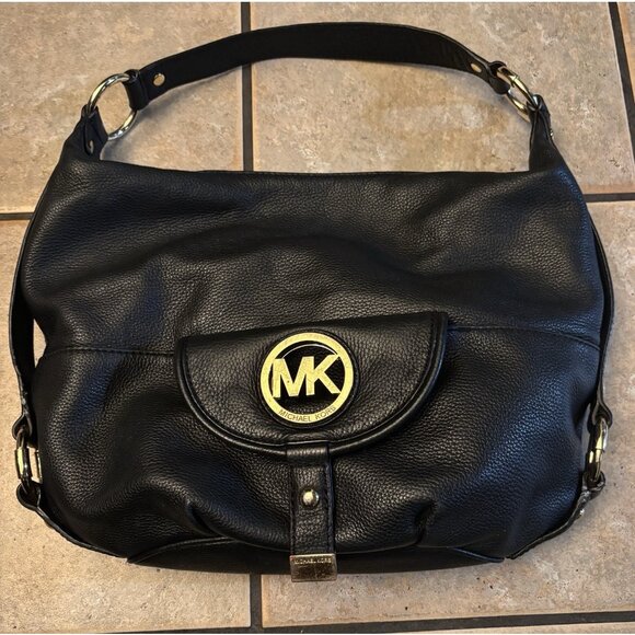 Michael Kors Fulton Leather Hobo Shoulder Bag Pebbled Black - Picture 1 of 9